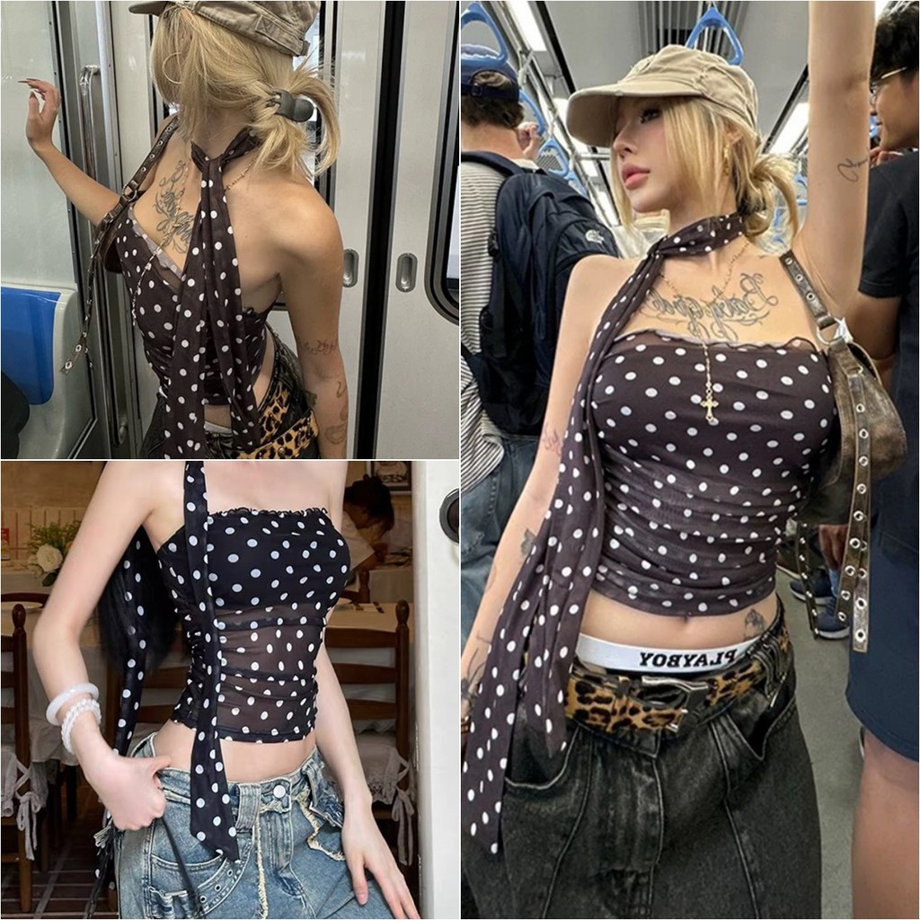 🐝CuteBee🐝 25/11เสื้อเกาะอก ลายจุดสีพื้นดำ แถมสายคล้องคอ เท่มีสไตล์ ดีไซน์เปิดหลัง อารมณ์หรูหรา FY505