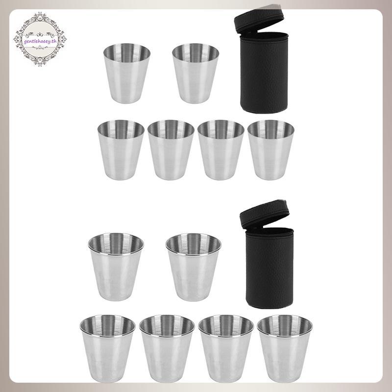 GG 6 ชิ้น/เซ็ตกลางแจ้ง 30/70ml ขัดมินิสแตนเลสแบบพกพาดื่มไวน์ถ้วยปกหนังกระเป๋าสําหรับการเดินทาง Campi
