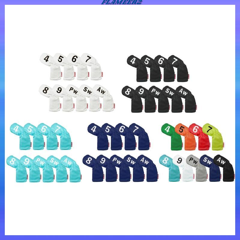 [Flameer2] 9x Golf Iron Headcover Set, Protector Golf Club Head Cover 4,5,6,7,8,9,PW,SW,AW PU พร้อมอ