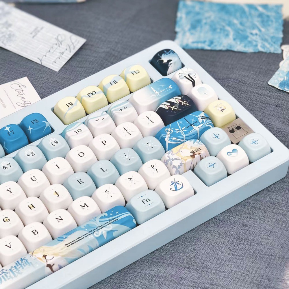Carttehyia Keycaps MOA / โปรไฟล์เชอร์รี่ PBT 120 คีย์ Wooting Aula F75 Mechanical Keycap Dye Sublimation Blue White ความคิดสร้างสรรค์ Anime Keycaps Wethering Waves Keycaps