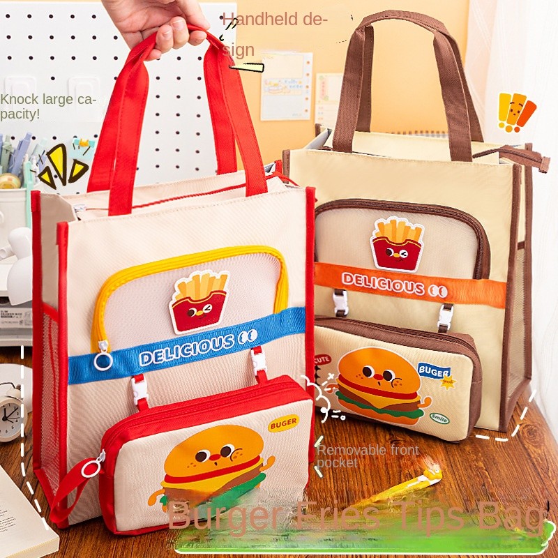 Hamburger Fries Tuition Bag Handbag Student Portable Bag Tuition Bag Canvas Art Buggy Bag Junior Hig