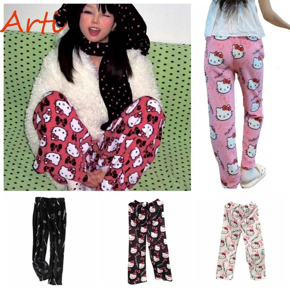 กางเกงขนแกะสำหรับผู้หญิง ลายคิตตี้ ออกแบบตามสไตล์อนิเมะสร้างสรรค์ กางเกงยืดหยุ่นเหมาะสำหรับฤดูหนาว