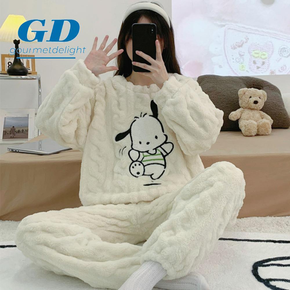GOURMETDELIGHT ชุดนอนชุดผู้หญิง,กํามะหยี่การ์ตูน Flannel ชุดนอน, Kawaii ยาวกางเกง Pochacoo Nightgowns ขนแกะ Homewear ฤดูใบไม้ร่วงฤดูหนาว