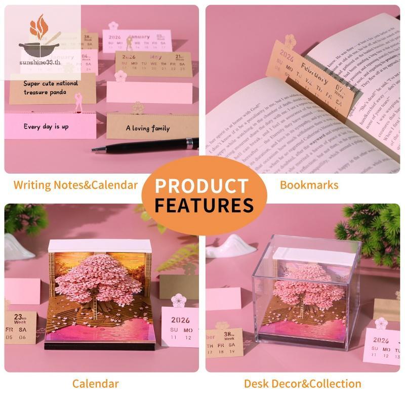 THSUN Time Piece ปฏิทิน 2026 ปฏิทินตั้งโต๊ะพร้อมไฟ LED 3D Tear-away ปฏิทินกระดาษแกะสลัก Art Memo Pad Notepad ของขวัญสําหรับคริสต์มาสพิธีขึ้นบ้านใหม่เดสก์ท็อปตกแต่ง TH