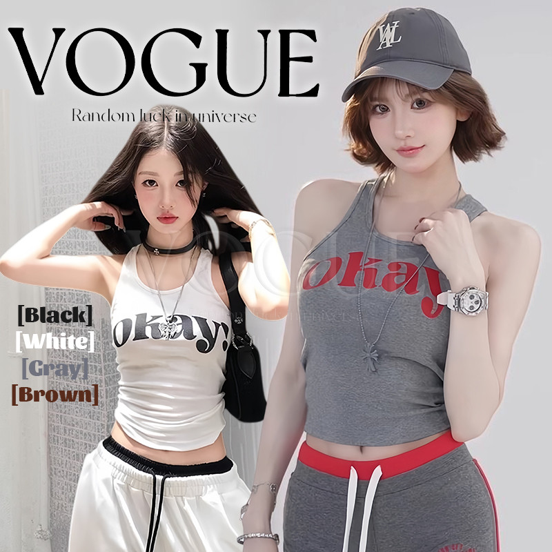 Vogue🌟พร้อมส่ง🌟 เสื้อกล้ามเสริมฟองน้ำ ลายสกีนตัวหนัง ยืดพอดีตัว (FY3592)