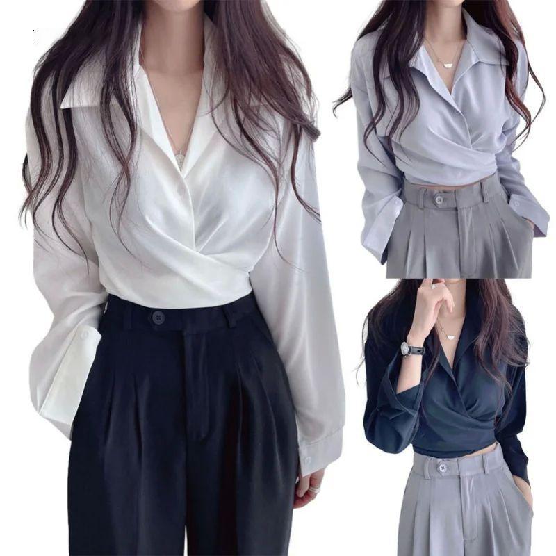 Chili Koko เสื้อเชิ้ตผู้หญิงคอวีไขว้ ผูกโบว์ด้านหลัง เอวเข้ารูป สไตล์สั้นเข้ารูปพร้อมกลิ่นอายเซ็กซี่ w686