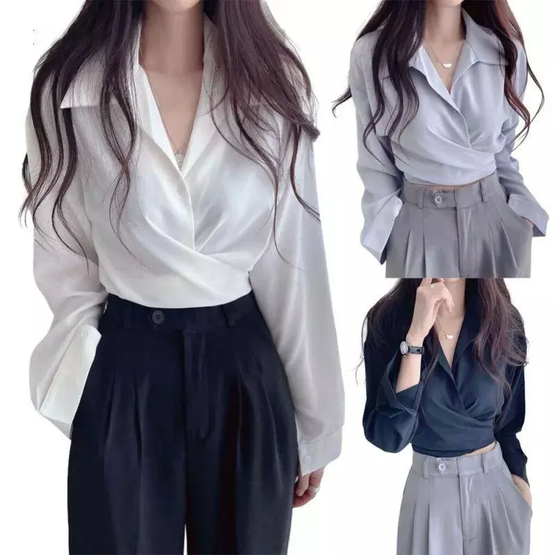 Chili Koko เสื้อเชิ้ตผู้หญิงคอวีไขว้ ผูกโบว์ด้านหลัง เอวเข้ารูป สไตล์สั้นเข้ารูปพร้อมกลิ่นอายเซ็กซี่ w686