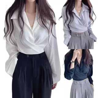 Chili Koko เสื้อเชิ้ตผู้หญิงคอวีไขว้ ผูกโบว์ด้านหลัง เอวเข้ารูป สไตล์สั้นเข้ารูปพร้อมกลิ่นอายเซ็กซี่ w686