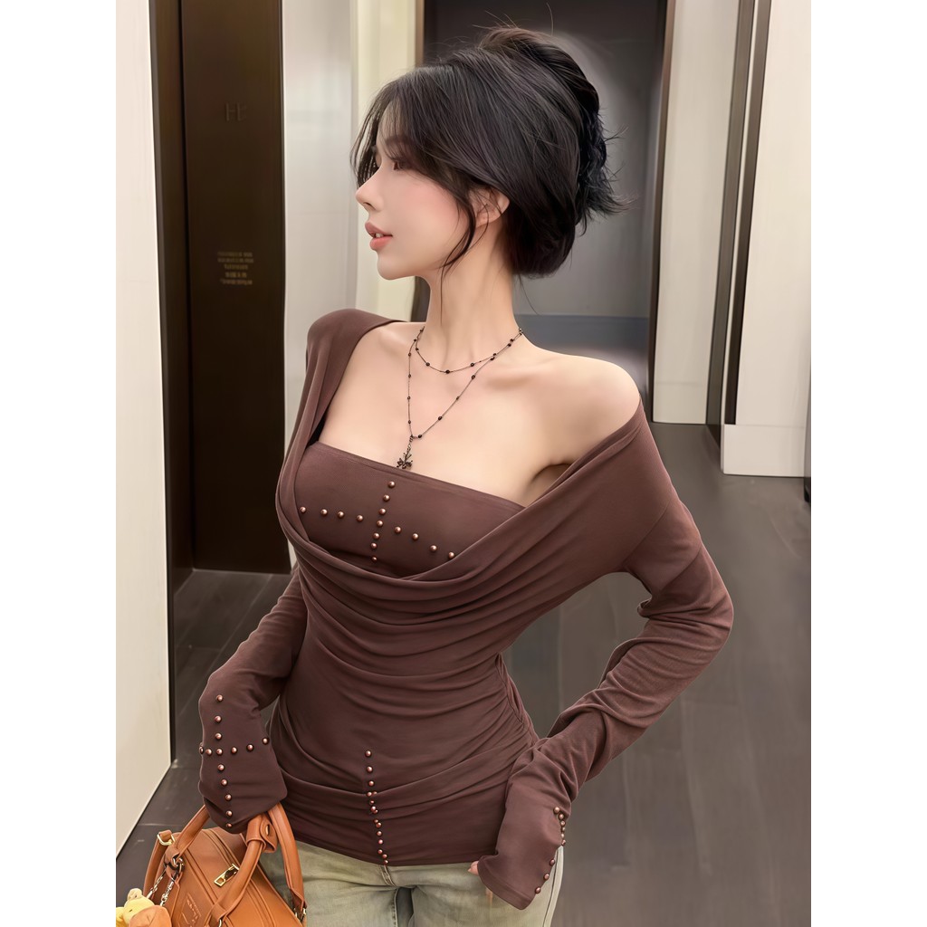 SultrySia เสอแขนยาว+เกาะอก เข้ารูป ผ้านุ่ม สีดำ สีน้ำตาล เรียบง่าย - รูปที่ 4