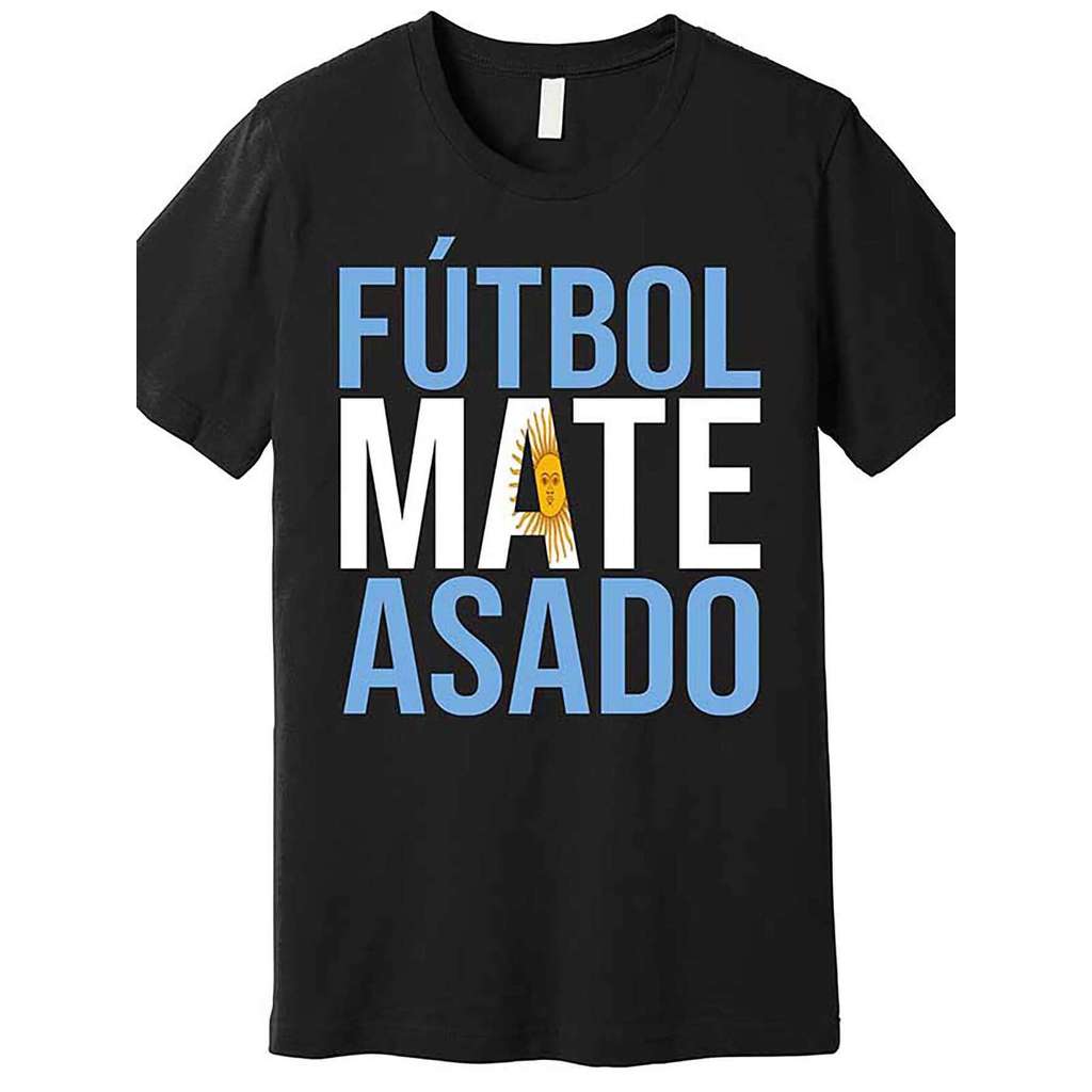 Argentina Pride Futbol Mate Asado Premium เสื้อยืดแขนสั้นผู้ชายพร้อมดีไซน์กราฟิกสีดําน่ารัก