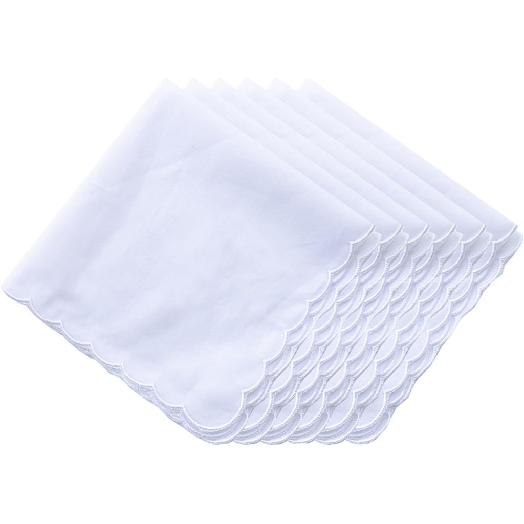 Bulk Pack Handkerchiefs Cotton Scalloped Hankies Pocket Square Towel White 11 Inches