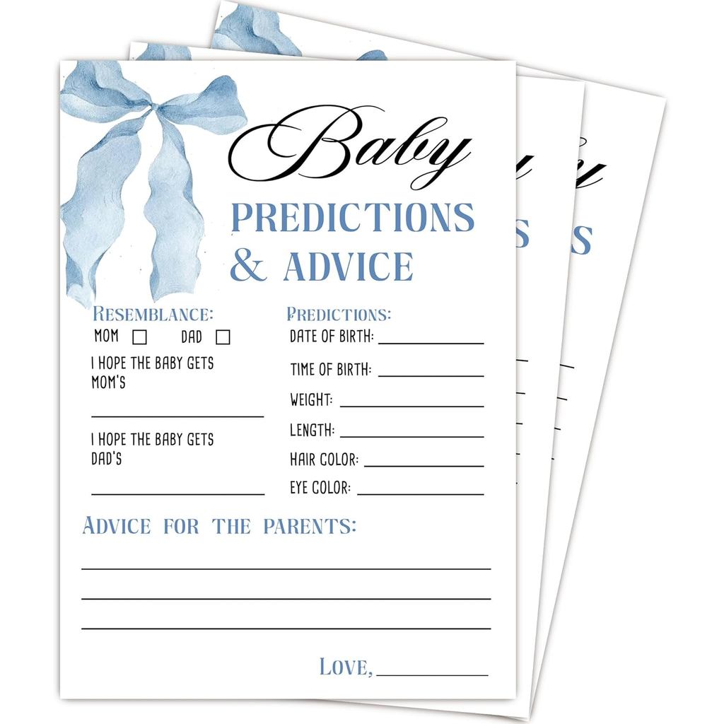 Predictions and Advice Cards, Blue Baby Shower Games for Boy, 25 Gender Neutral Cards, Blue Bow Gend