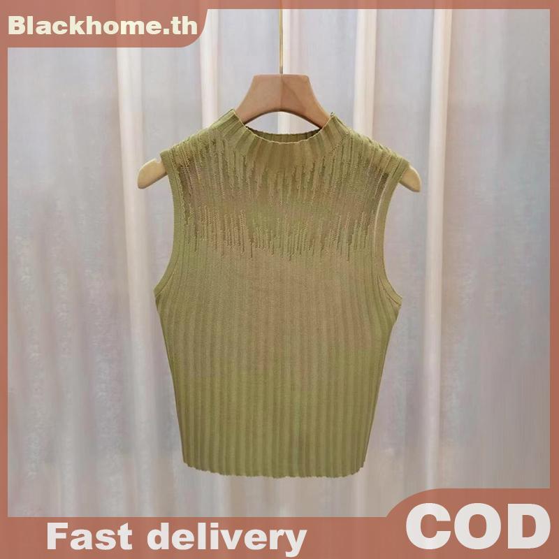 ACK ฤดูร้อนเกาหลีครึ่งคอเต่า Hollow ถักเสื้อกั๊กผู้หญิงสีทึบแขนกุด Slim Tank Top N - รูปที่ 3