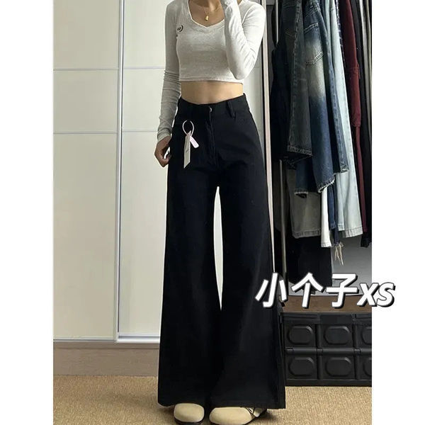 กางเกงยีนส์ขายาว jinn jeans 145คนตัวเล็ก xs กางเกงยีนส์ขากว้างสีดำทรงหลวมสไตล์อเมริกันสำหรับผู้หญิงเ