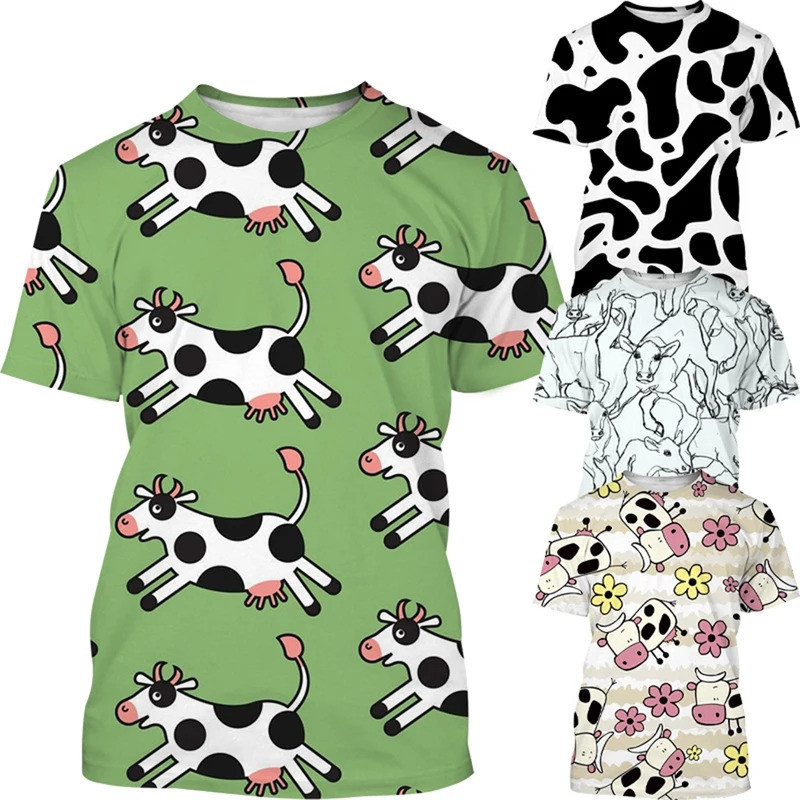 เสื้อยืดวัวพิมพ์ลาย 3ง สร้างสรรค์และสนุกกับแฟชั่น, เป็นกลางและน่ารักสไตล์ฮาราจูกุลําลองแขนสั้น