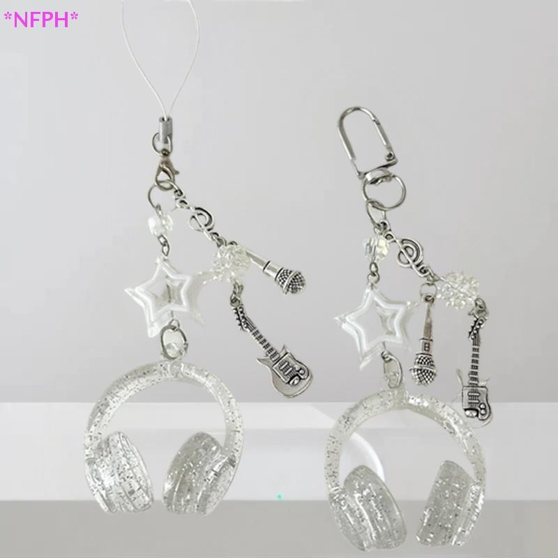 NFPH>น่ารักGlitterหูฟังรูปพวงกุญแจStarกีตาร์ไมโครโฟนจี้โทรศัพท์Lanyard Girlyกระเป๋าเป้สะพายหลังCharmsกระเป๋าของขวัญใหม่