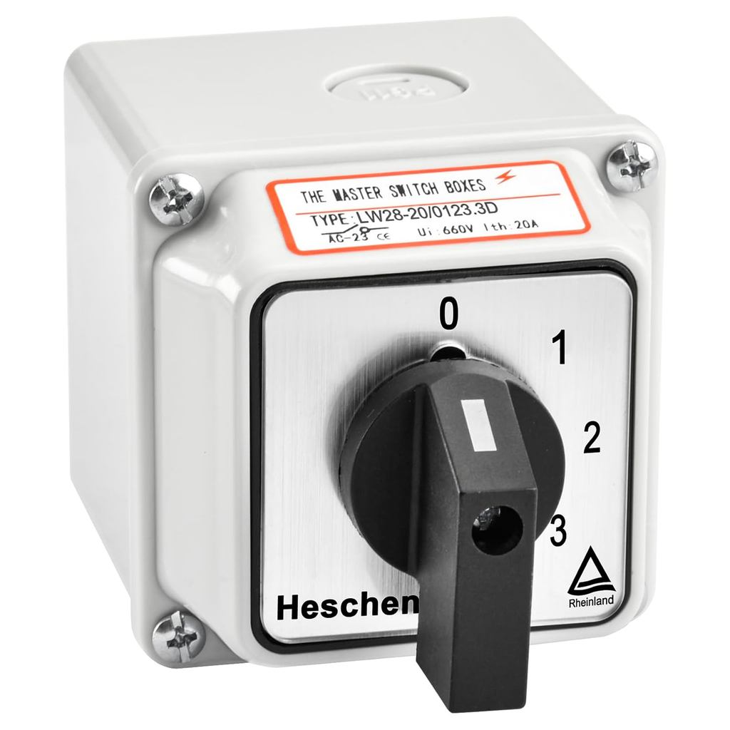 Heschen Universal Rotary Cam Selector Changeover Switch, LW28-20/0123.3D, 660V 20A, 4 ตําแหน่ง, 3 เฟ