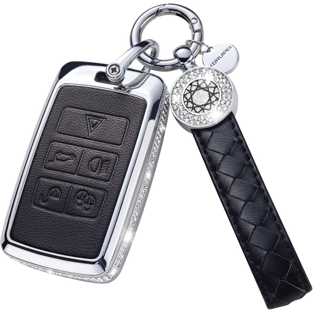 สําหรับ LAND ROVER Key Fob พร้อมพวงกุญแจ,หนังแท้สีดําคริสตัลกรณีเปลือกป้องกันใช้งานร่วมกับ Land Rove