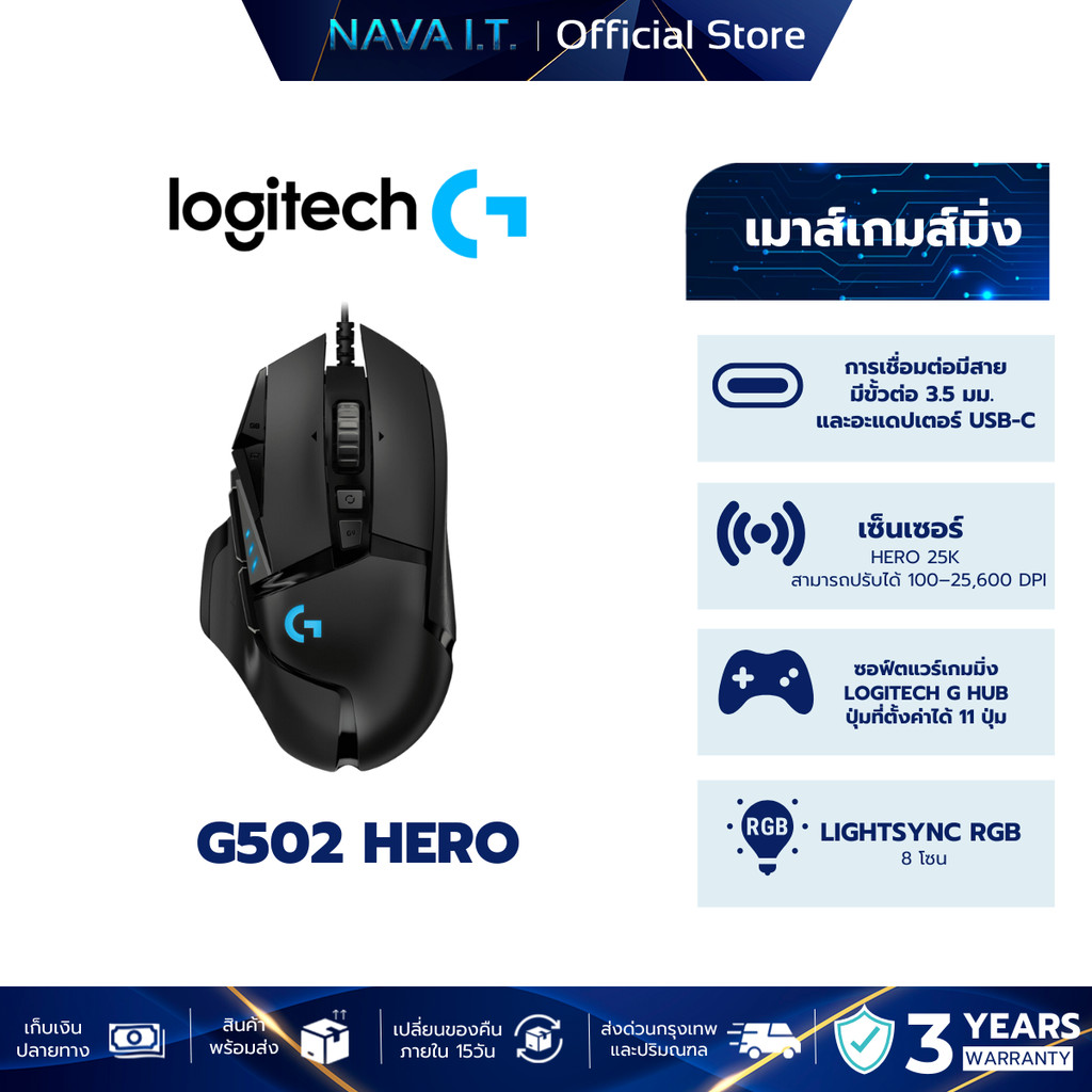LOGITECH G502 HERO HIGH PERFORMANCE GAMING MOUSE 25,600 DPI เมาส์เกมมิ่ง เซ็นเซอ