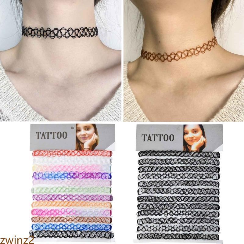Zwinz2 12 PCS Choker Tattoo สร้อยคอสาว Gothic Chokers สร้อยคอวัสดุพลาสติก