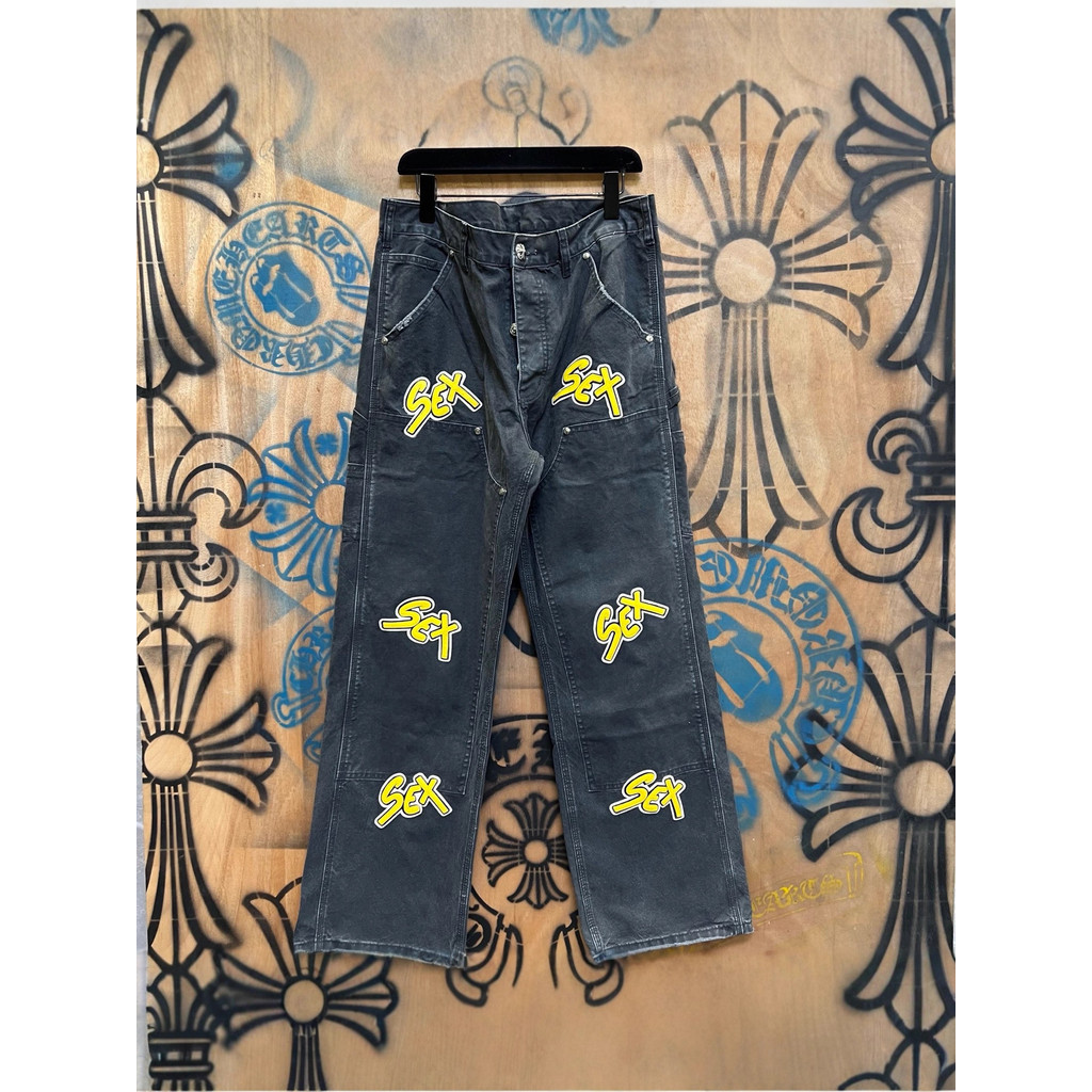 JK2P Chrome Hearts Couple Letter Patchwork Silver-Plated Button Straight-Leg Cargo Jeans for Men and