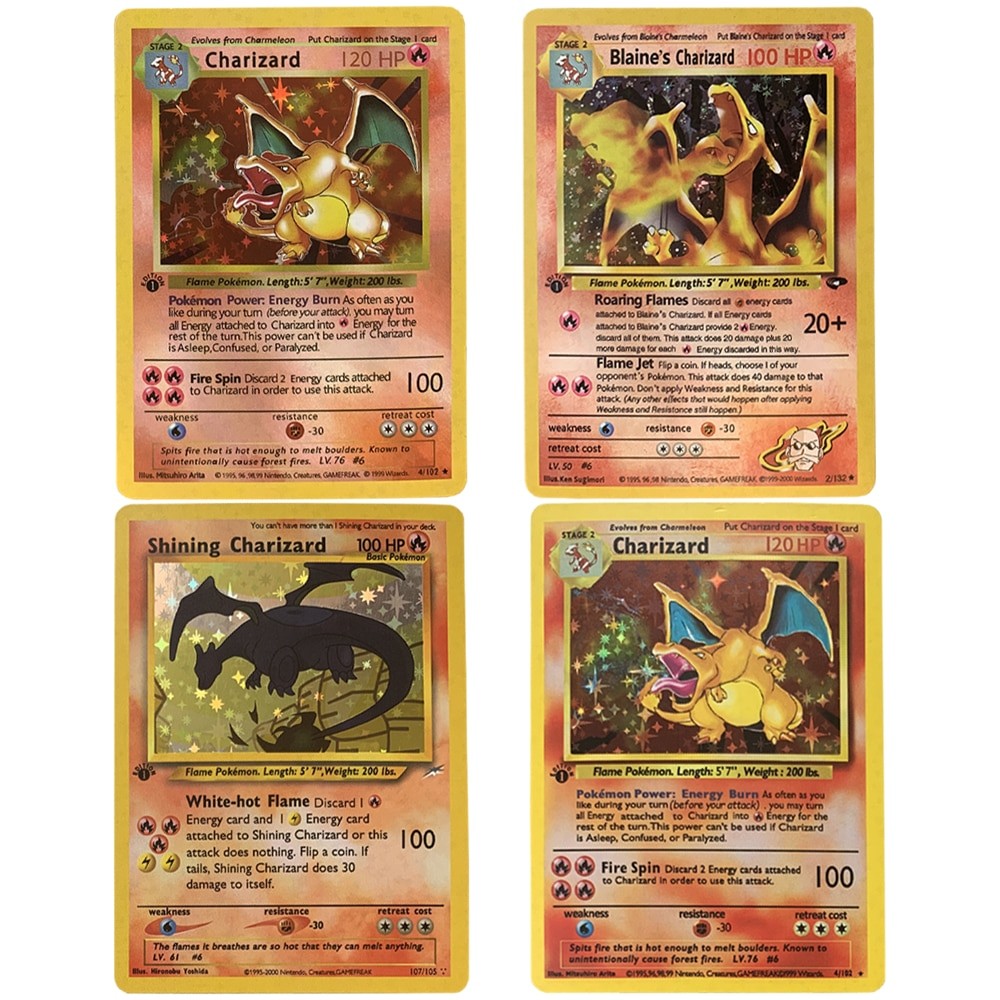 Pokemon ฐานชุด 1996 ปีการ์ดภาษาอังกฤษ Pikachu DIY เกม Pokemon Shining Charizard เกมคอลเลกชันการ์ดของ