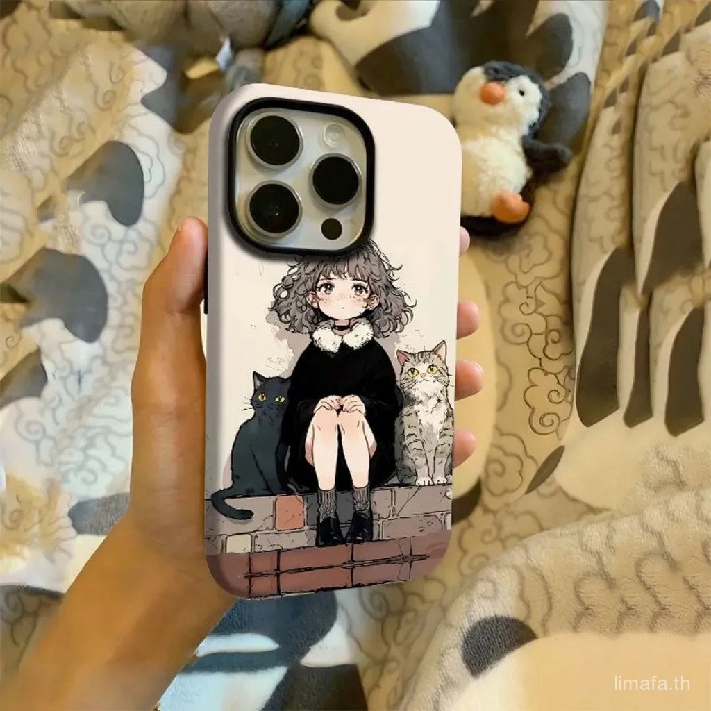 สองชั้นสองในหนึ่งเดียวโทรศัพท์มือถือเปลือกแข็งแมวสาวทาสีอบอุ่นเหมาะสําหรับiPhone 14 15 16 17 pro max