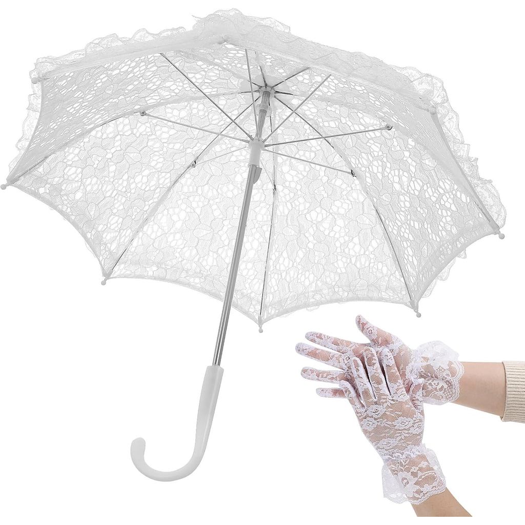 Toyvian White Lace Embroidery Parasol with Floral Lace Wrist Gloves for Wedding Flower Girl - Small 
