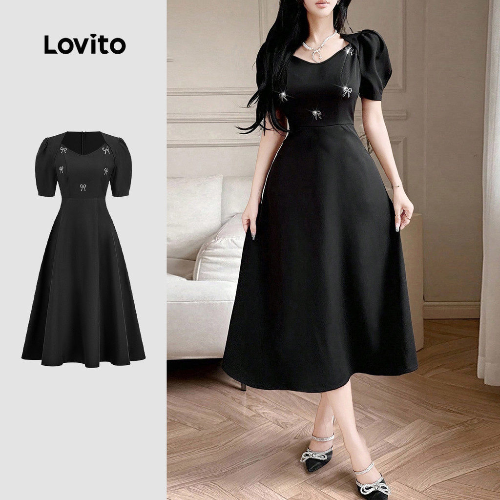 (Lovito x Jenela) เดรสหรูหรา ประดับ Rhinestone ชายระบาย ช่วงฤดูใบไม้ผลิ/ฤดูร้อน สีดำ L155ED878