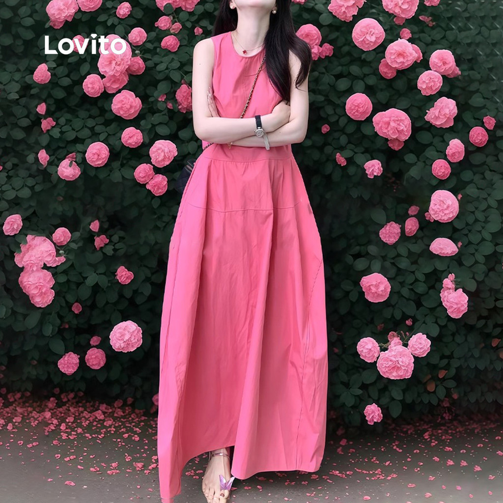 Lovito ชุดเดรสลำลองสำหรับเทศกาลสีพื้นเปิดไหล่ฤดูใบไม้ผลิ/ฤดูร้อนสำหรับผู้หญิงสีแดงกุหลาบ LBL27122