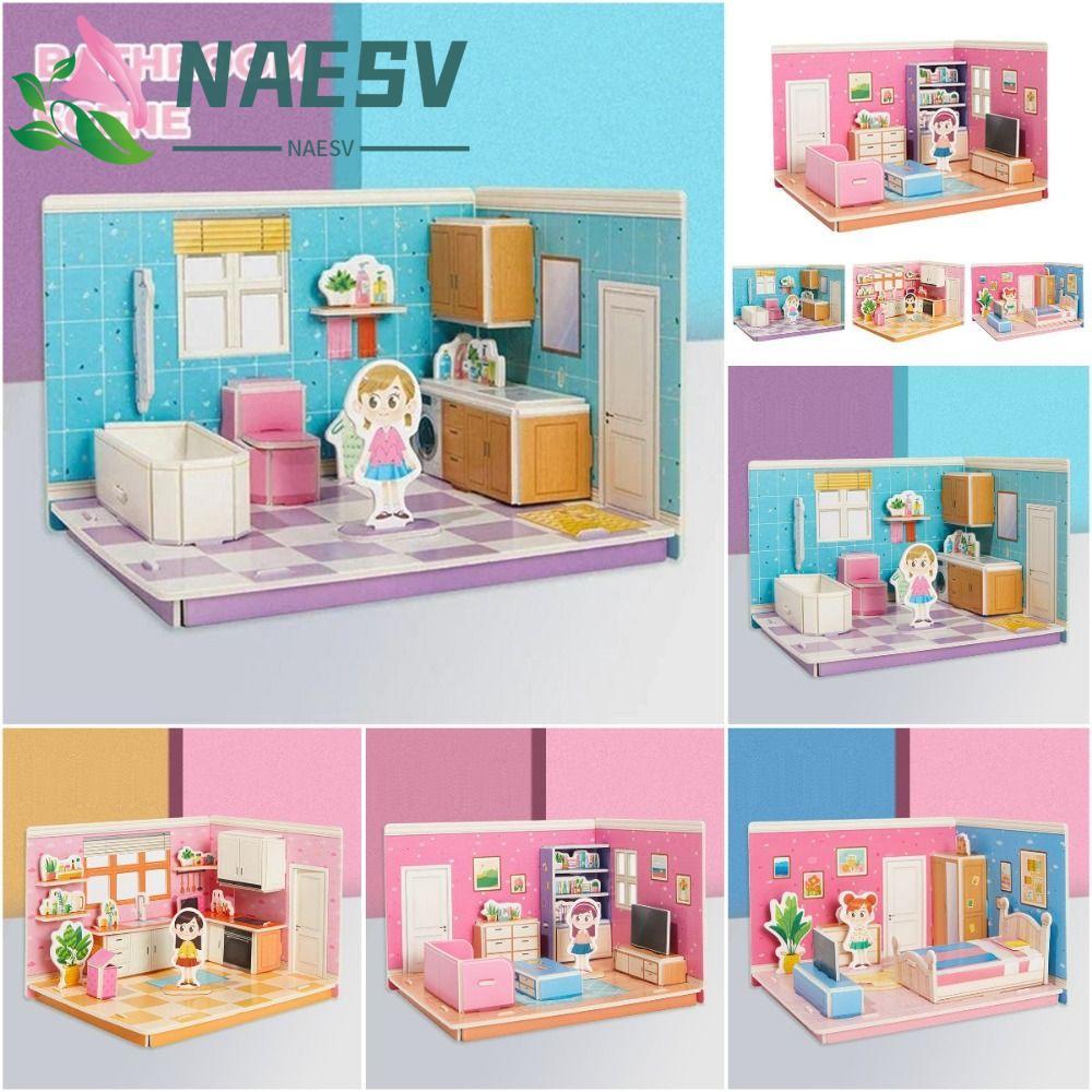 NAESV 3D Room รุ่นปริศนาของเล่น,กระดาษแข็งของเล่น 3D Room กระดาษแข็ง, การ์ตูนห้องครัว Living Miniatu