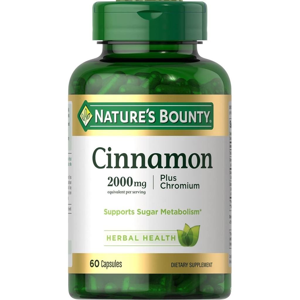 Natures Bounty Cinnamon 2000 มก. พลัสโครเมียม อาหารเสริมเสริมการเผาผลาญน้ําตาล 60 แคปซูล
