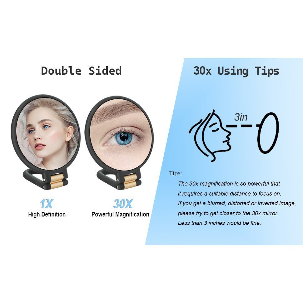 กระจกขยาย 30 เท่า กระจกมือเดินทางพร้อมที่จับ-กระจกมือถือสองด้านพร้อมขยาย 1X 30x และที่จับปรับได้/ขาตั้ง, กระจกเดินทางพับได้แบบมือถือสําหรับ Makeu - รูปที่ 7
