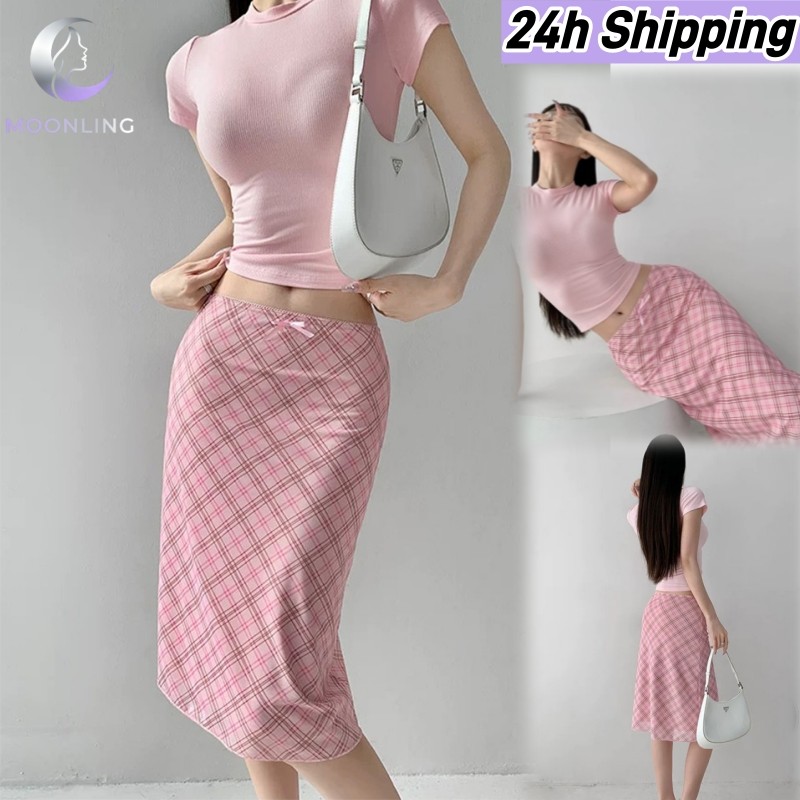 MOONLING 'พร้อมส่ง' FY5073#3 กระโปรงลายสก็อตสีชมพู หวานๆ ใส่สบายยืดพอดี