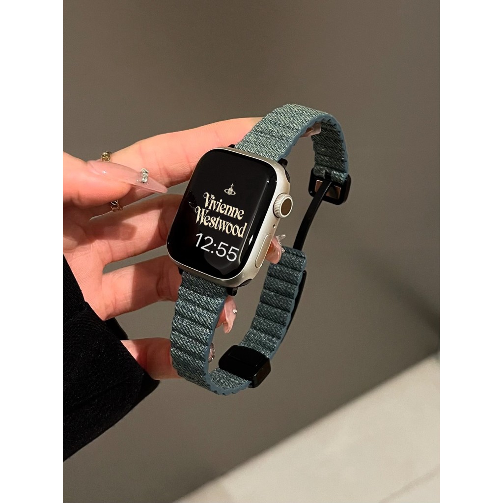 Magnetic Buckle Leather Denim Blue Strap Men/app-le watch9678thSE Fashion Casual Watch Strap Women