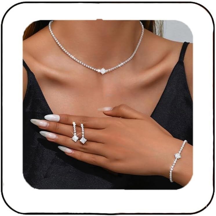 Unicra ชุดเครื่องประดับเงินสำหรับเจ้าสาว สร้อยคอมากกว่า สร้อยข้อมือ และต่างหูสไตล์สปาร์คเกิลไรน์สโตน