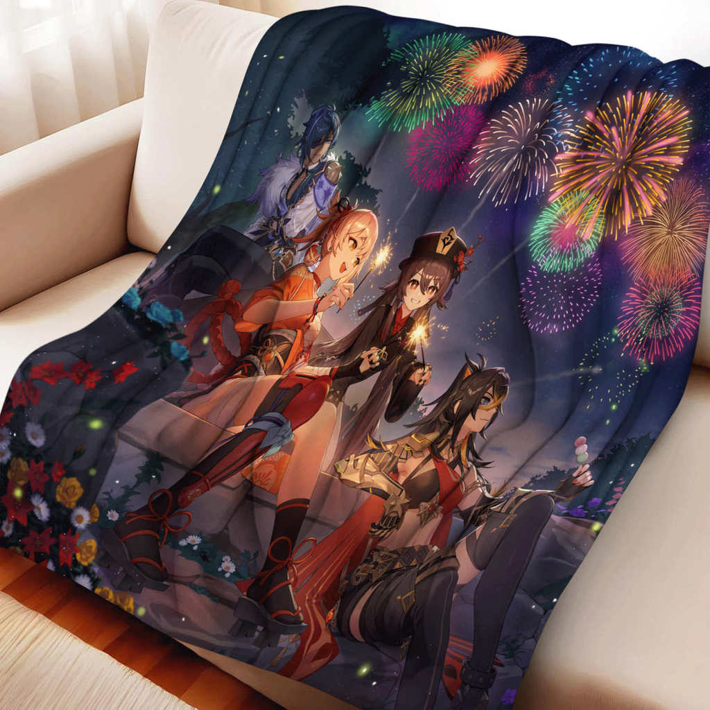 Genshin Impact Yoimiya ผ้าห่มสักหลาดเหมาะสําหรับเตียงโซฟาวันเกิดเพื่อนที่รักของขวัญ