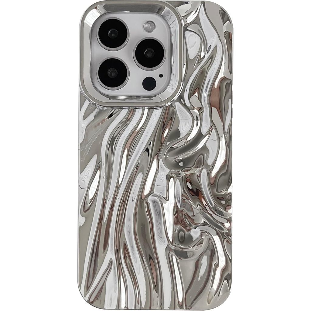 Caseative for iPhone 15 Pro Case,Pleated Water Ripple Chrome Wave Pattern Soft Phone Case (Silver)