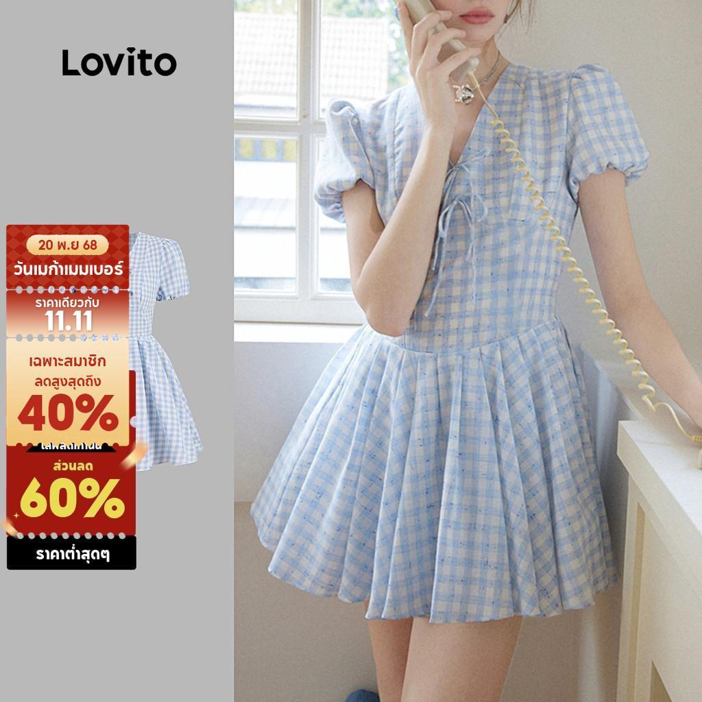 Lovito ชุดเดรสลายลูกไม้แบบผูกโบว์พับพลิ้วในฤดูใบไม้ผลิ/ฤดูร้อน สีน้ำเงิน สำหรับผู้หญิง L144AD040