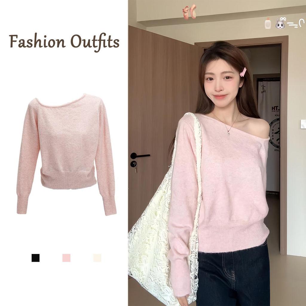 Chili Koko เสื้อสเวตเตอร์ถักเปิดไหล่สำหรับผู้หญิง เสื้อสเวตเตอร์แขนยาวเปิดไหล่หลวมสไตล์เกาหลีสไตล์ฤดูใบไม้ร่วงใหม่ x604
