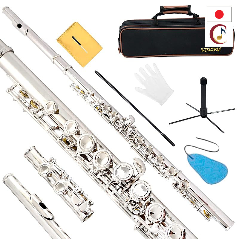 BQKOZFIN Flute 16 Holes Woodwind Instrument C Key Beginner Set with E Mechanism Made of White Copper