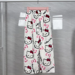 Hello Kitty ชุดนอนกางเกงแบบนุ่มพูลัส สำหรับเด็กหญิงและผู้ใหญ่ พร้อมลายเส้นคัทเชอร่า พิเศษสำหรับวันเกิดและเทศกาลคริสต์มาส