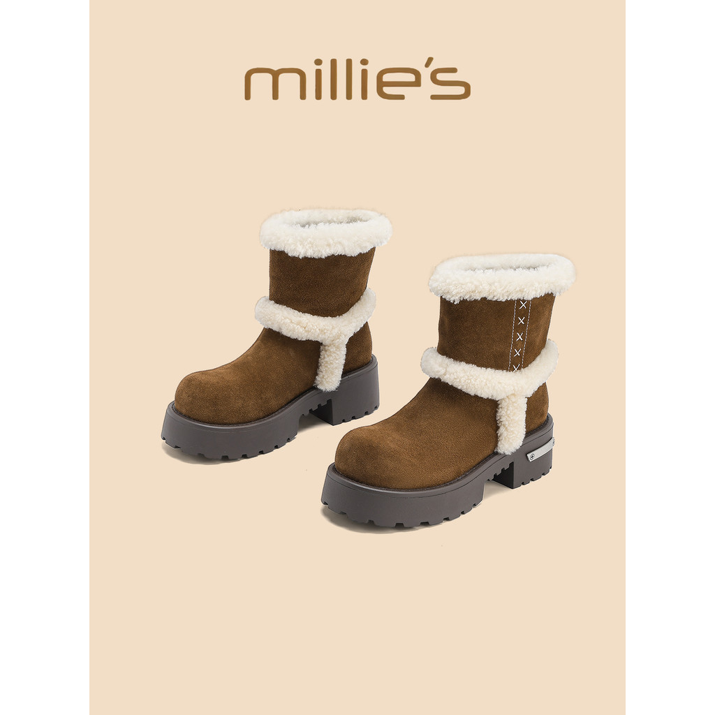 Millies Miaoli รองเท้าบูทหิมะผู้หญิง สีน้ำตาล กะปริตอุ่น สำหรับฤดูหนาว