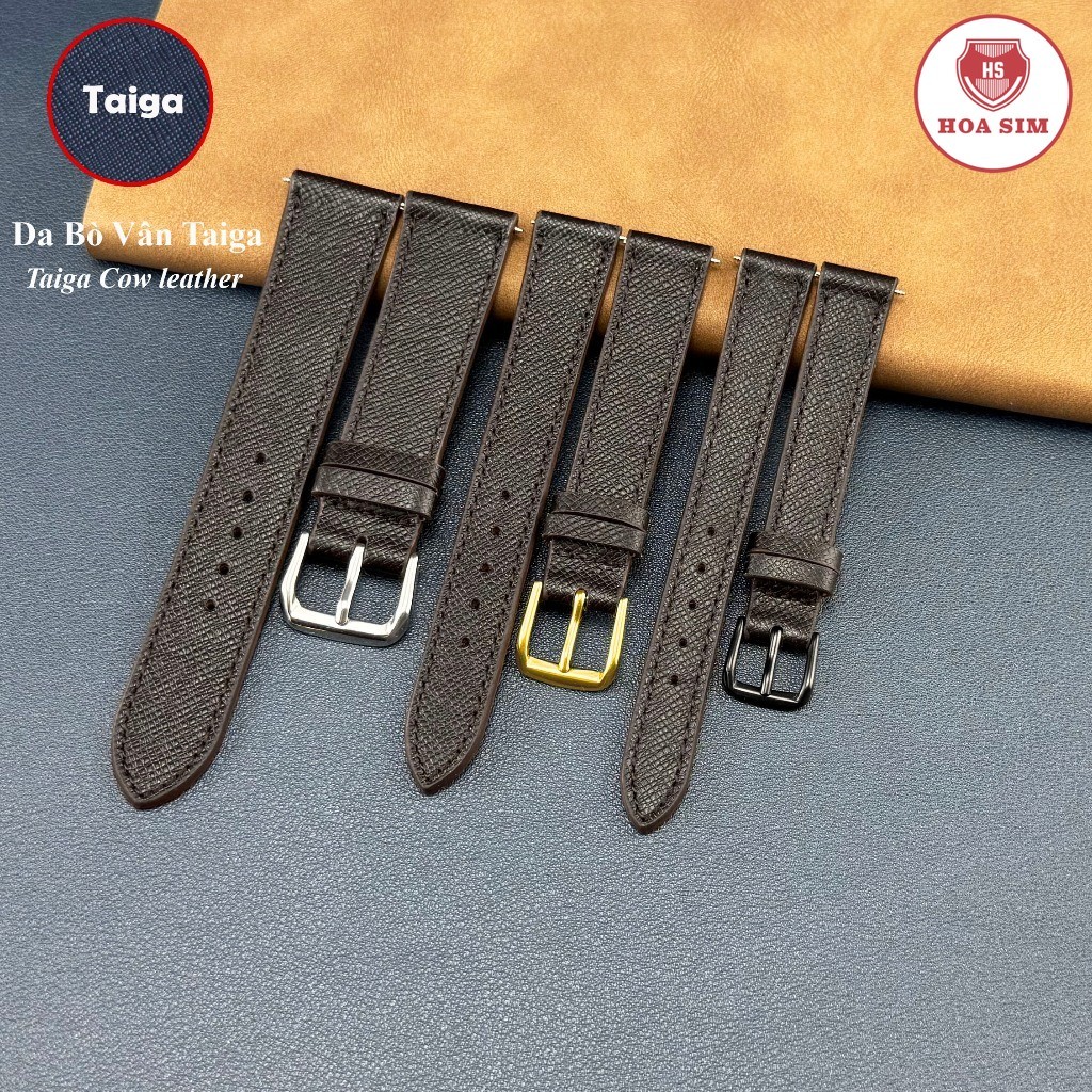 (Earth Brown - Thin Form) สายนาฬิกาหนังวัวแท้ Taiga grain หรูหราหลายขนาด 10 12 13 14 15 16 17 18 19 20 21 22 24mm