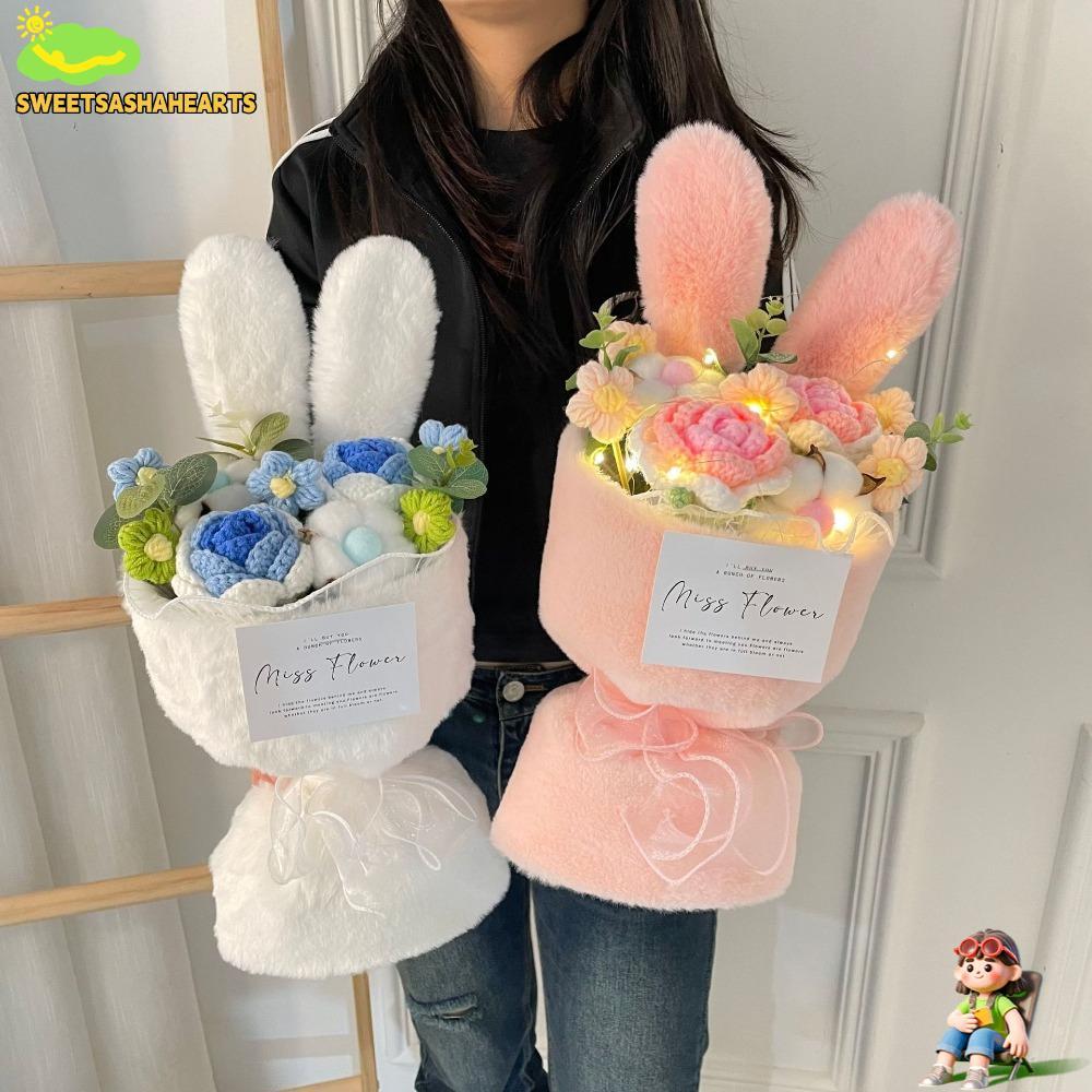 SWEETSASHA ช่อดอกไม้โครเชต์, หูกระต่าย ช่อกุหลาบถักครบชุด, น่ารักสร้างสรรค์พร้อมถุงของขวัญ ช่อดอกไม้แฮนด์เมด ของขวัญวันวาเลนไทน์