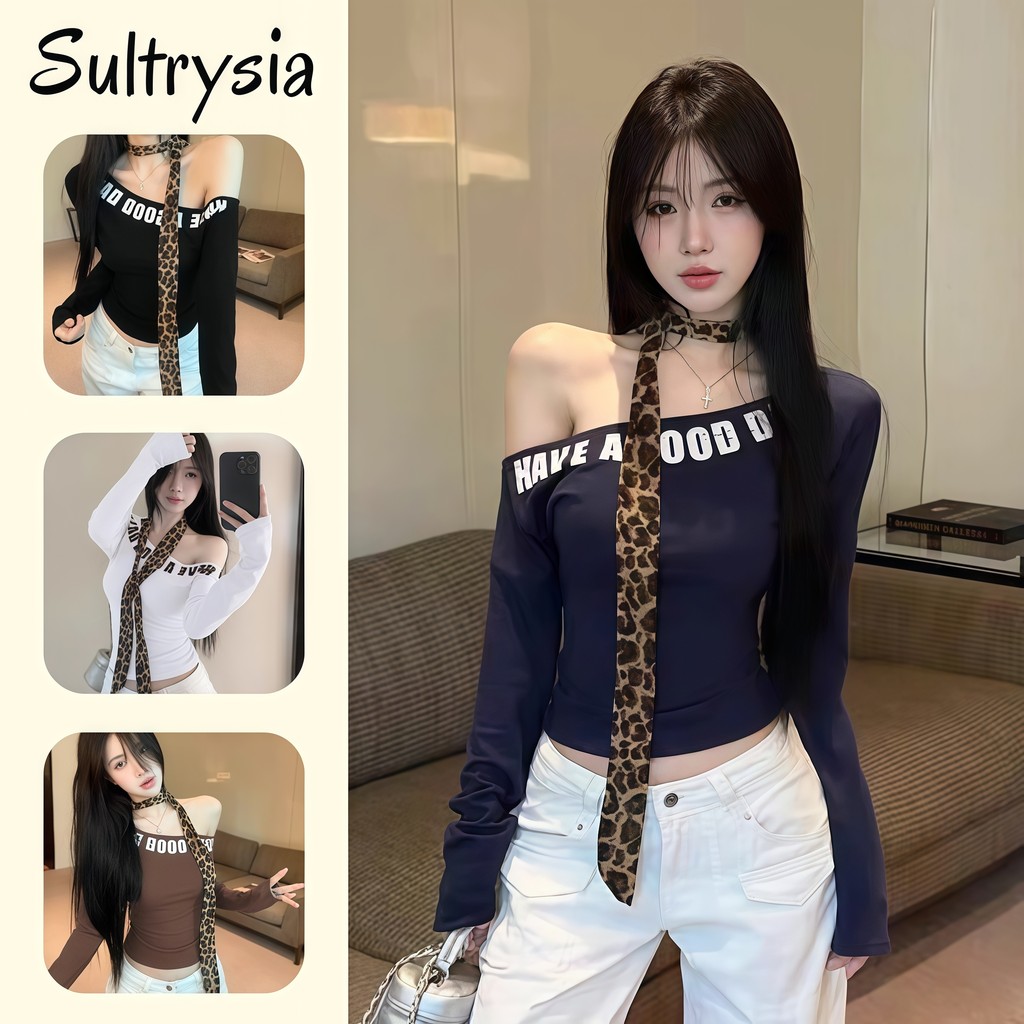 SultrySia เสื้อเชิ้ตแขนยาวรัดรูปผู้หญิง ไหล่เปลือย พิมพ์ตัวอักษร สีพื้น สไตล์เกาหลี เรียบง่าย-FY8718