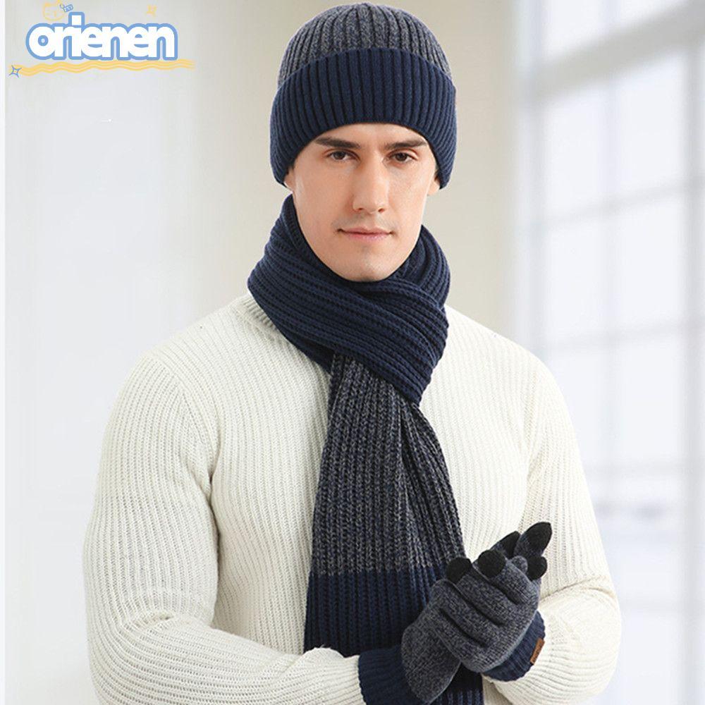 ORIEN หมวกทําด้วยผ้าขนสัตว์หนาแฟชั่นผ้าพันคอขนแกะถุงมือหน้าจอสัมผัสถักชุดอบอุ่นฤดูหนาวที่อบอุ่น