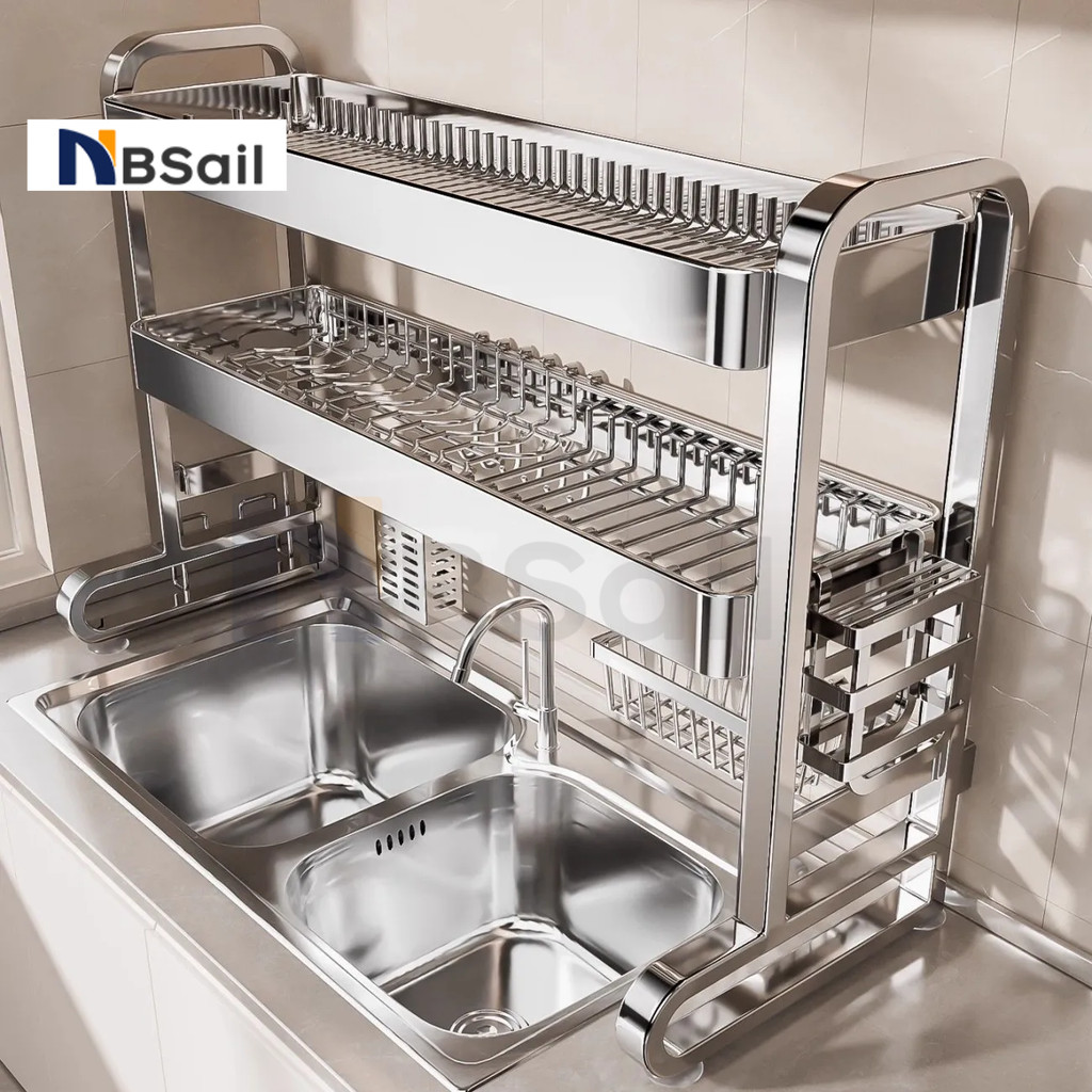 NBSail ชั้นวางอ่างล้างจานสแตนเลส ออแกไนเซอร์ในครัวอเนกประสงค์พร้อมดีไซน์สําหรับงานหนักและถ้วยดูด