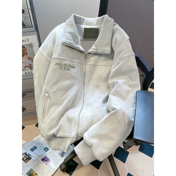 แจ็คเก็ตอาย urthe.official เสื้อโค้ทปกปักลายหนังกลับสไตล์อเมริกันแบรนด์แฟชั่นสำหรับฤดูหนาวเสื้อแจ็คเ