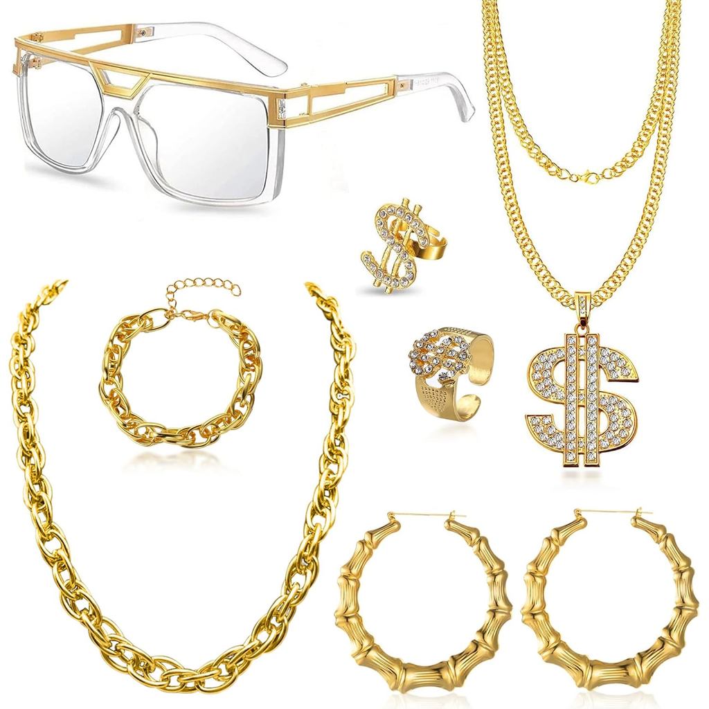 90s Accessories Outfit for Women 80s Hip Hop Costume Kit Rapper Sunglasses Bamboo Earring Gold Rope 